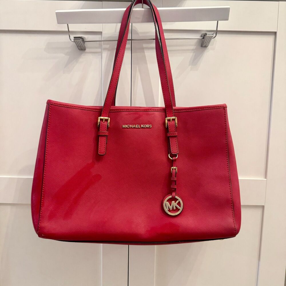 Michael Kors Jet Set Travel Tote Red Saffiano Leather Shoulder Bag MK Medallion